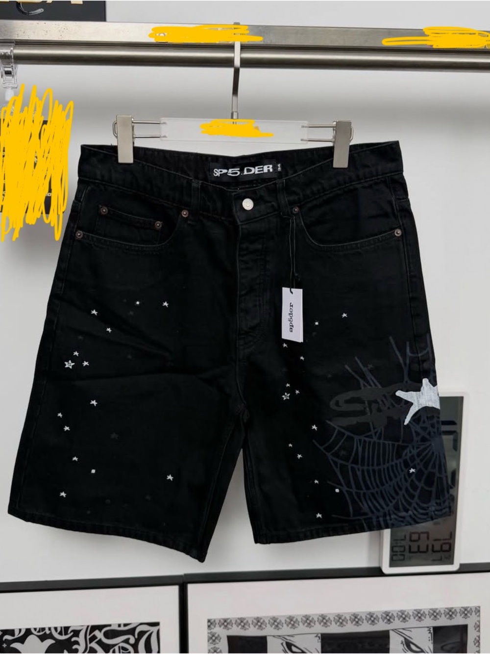 SPIDER Black Graphic Jean Shorts with Star & Web Detail